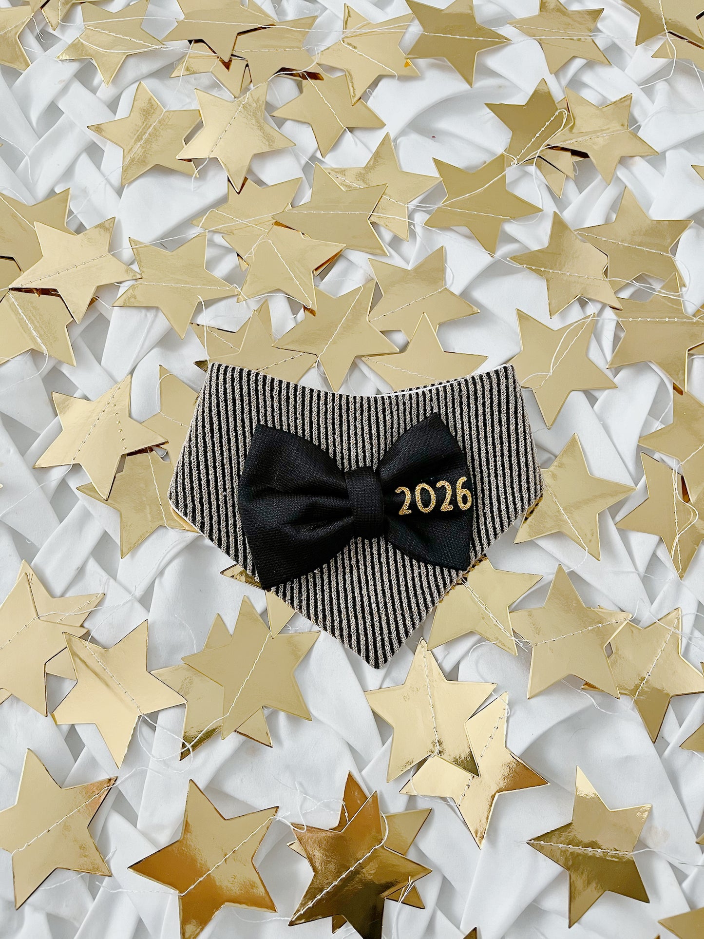 New Year - Gold Knit Stripe Black Bow Bandana