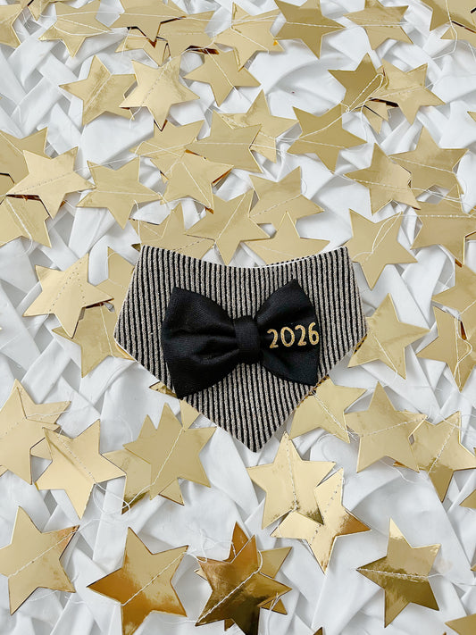 New Year - Gold Knit Stripe Black Bow Bandana