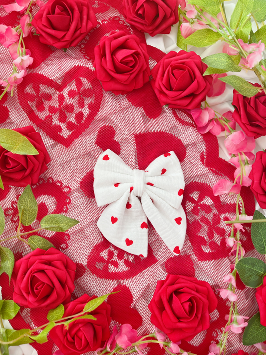 Falling in Love - White and Red Heart Pattern Bow